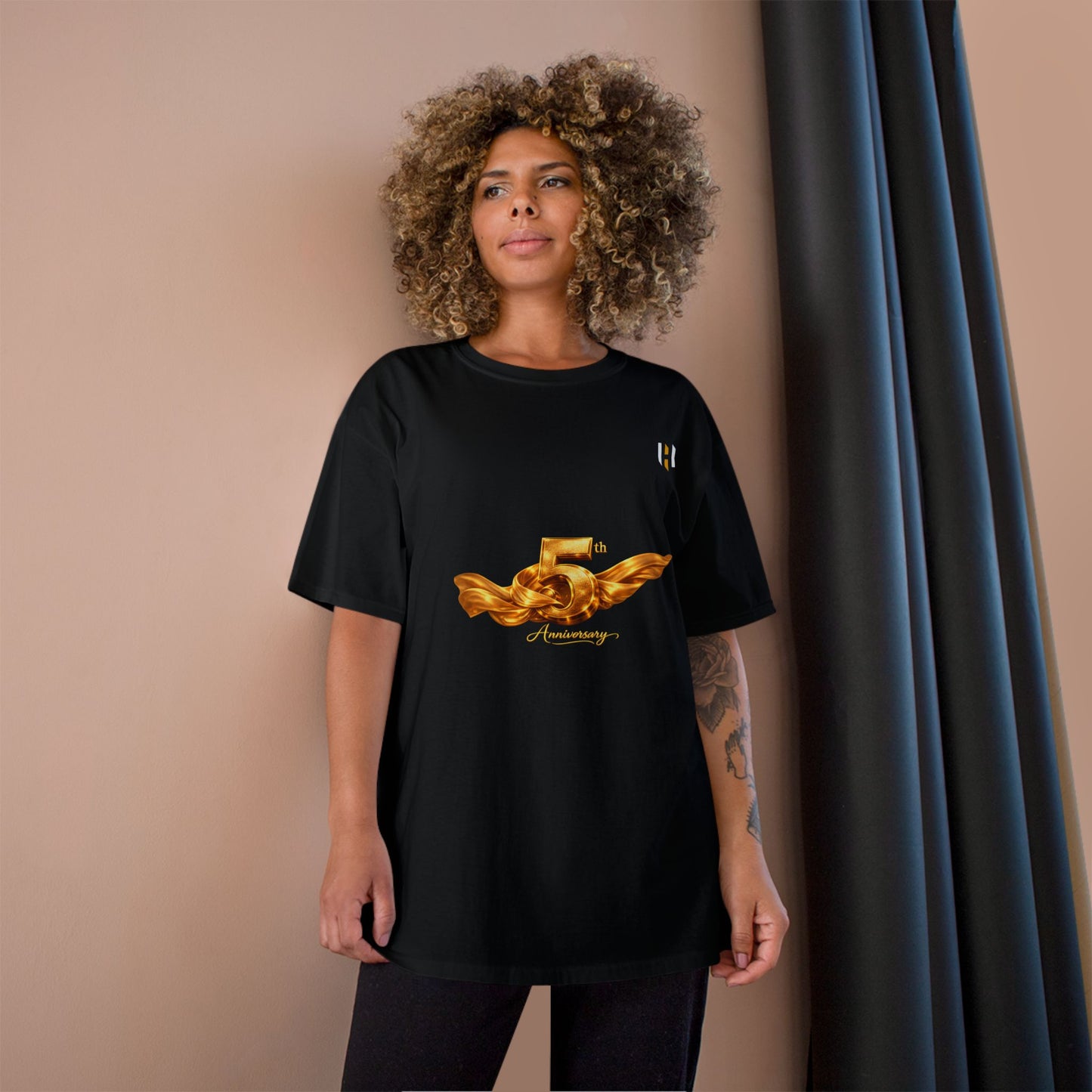 5th Anniversary Champion T-Shirt – Gold Emblem Celebration Tee