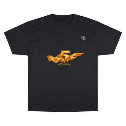 5th Anniversary Champion T-Shirt – Gold Emblem Celebration Tee